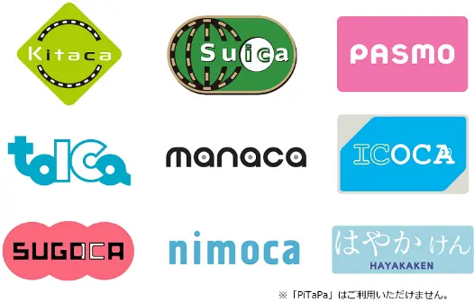 利用可能な交通系電子マネー：Kitaca, Suica, PASMO, talca, manaca, ICOCA, SUGOCA, nimoca, はやかけん