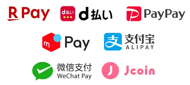 利用可能なコード決済：R Pay, d払い, PayPay, m Pay, ALIPAY, WeChat Pay, Jcoin